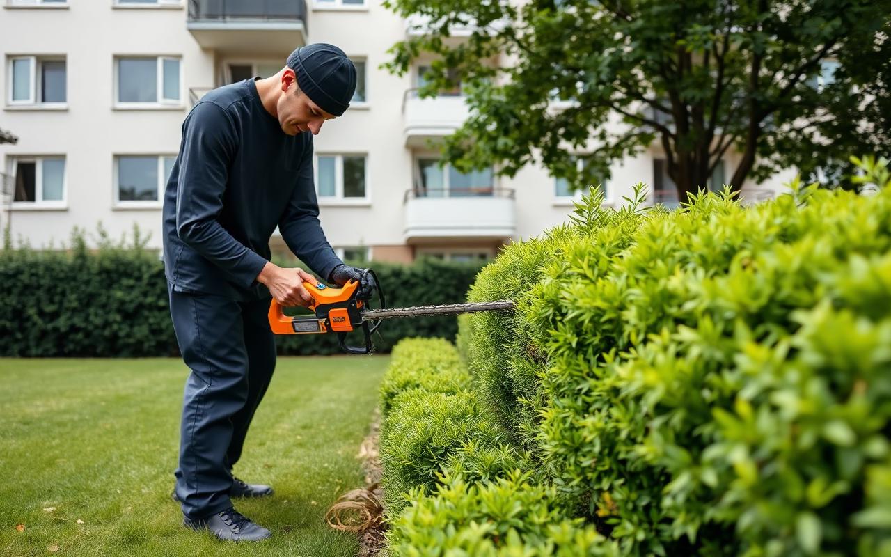 Mitarbeiter schneidet eine Hecke in der Außenanlage eines modernen Mehrfamilienhauses