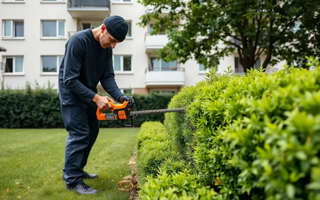Mitarbeiter schneidet eine Hecke in der Außenanlage eines modernen Mehrfamilienhauses