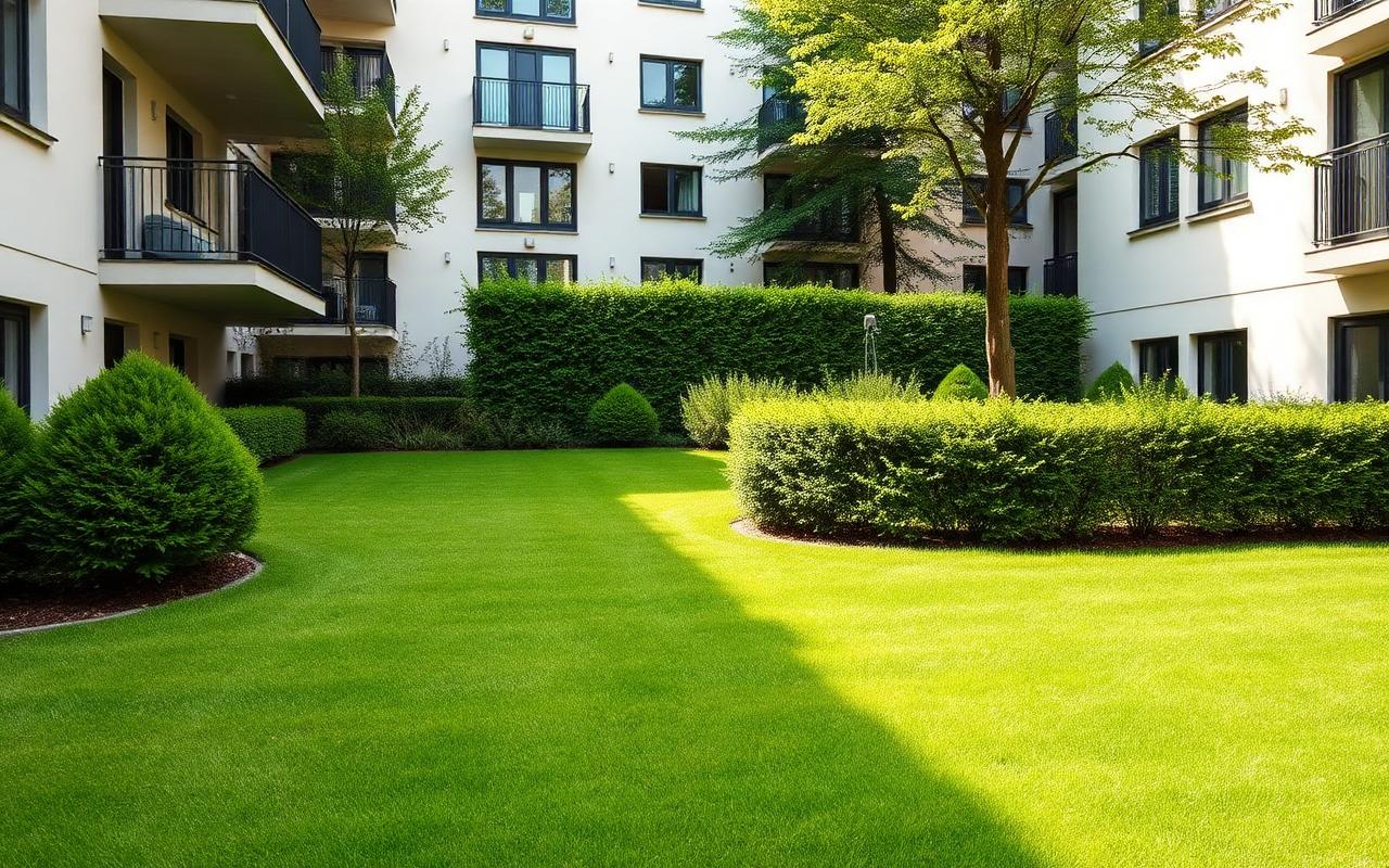 Gepflegte Grünfläche mit geschnittener Hecke vor einem modernen Mehrfamilienhaus