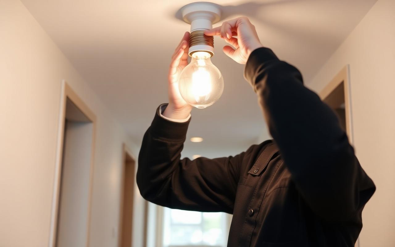 Mitarbeiter tauscht ein vorhandenes Leuchtmittel in einem modernen Hausflur aus