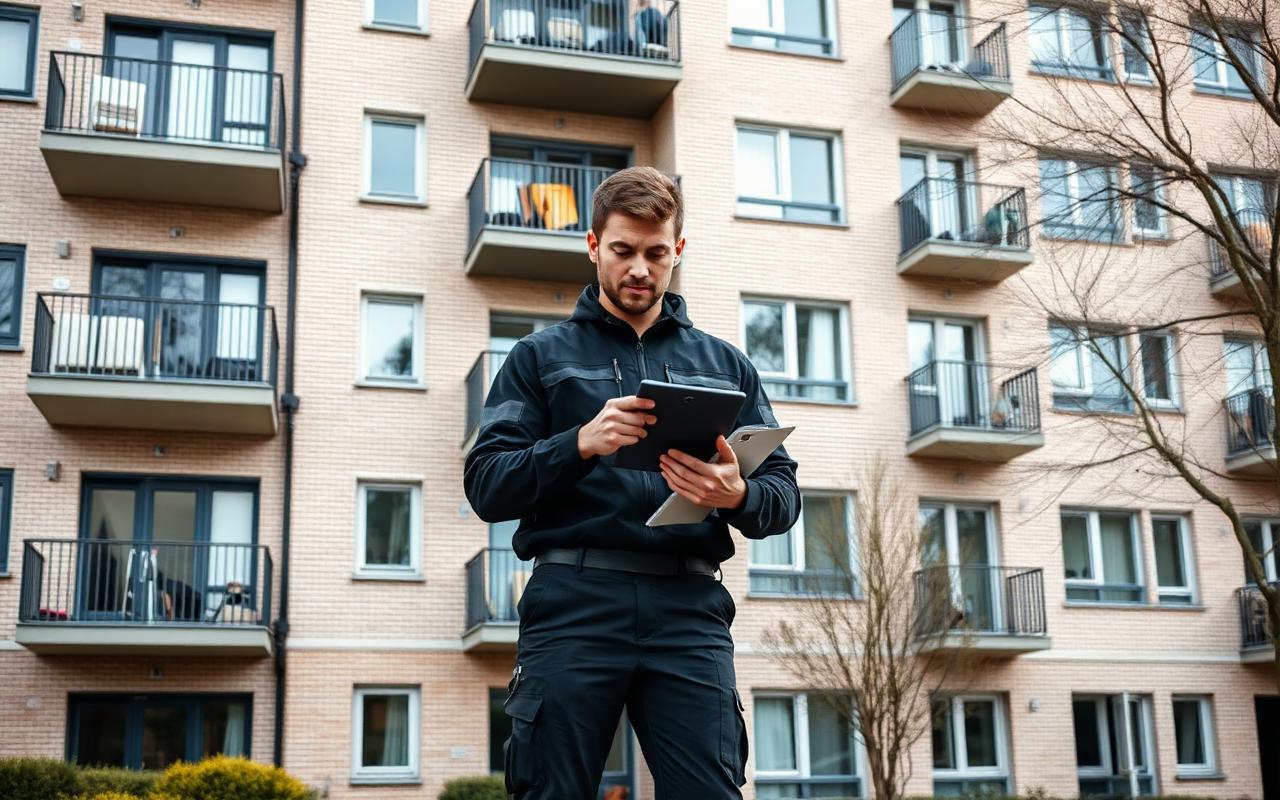 Mitarbeiter kontrolliert eine Immobilie mit dem Tablet vor einem Mehrfamilienhaus