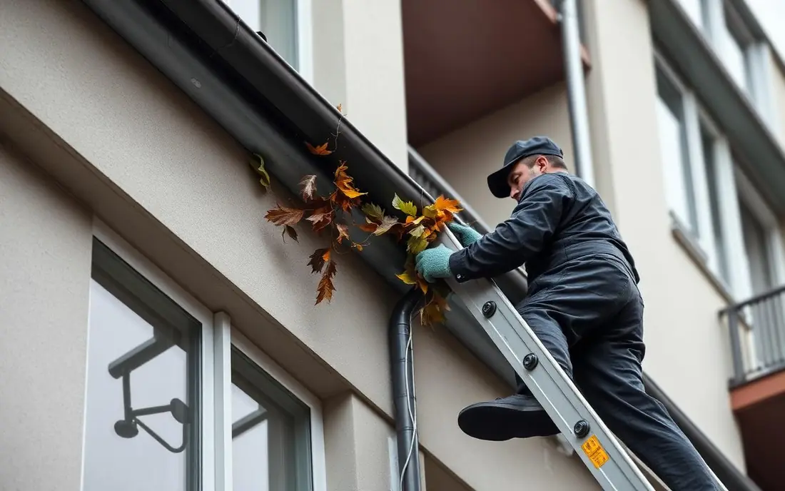 Mitarbeiter reinigt die Regenrinne eines modernen Mehrfamilienhauses von Laub