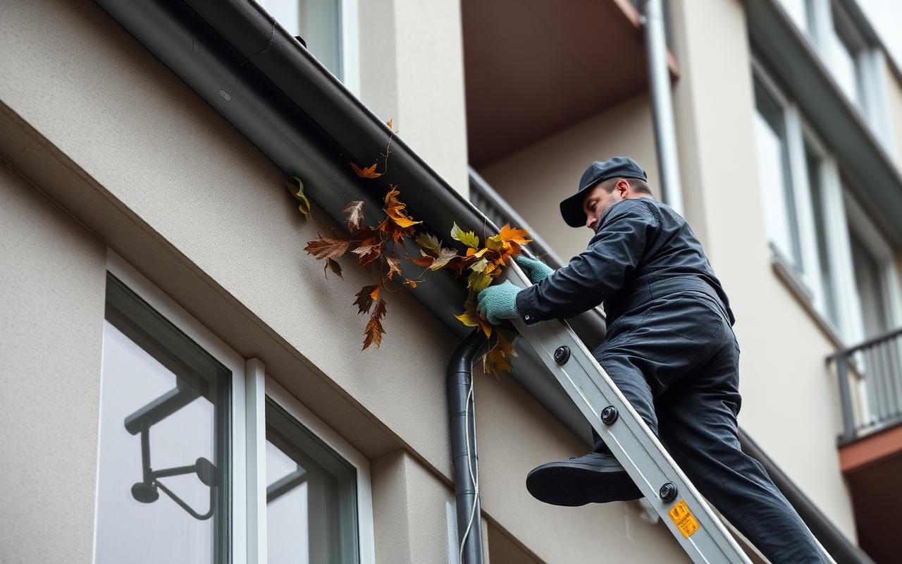 Mitarbeiter reinigt die Regenrinne eines modernen Mehrfamilienhauses von Laub