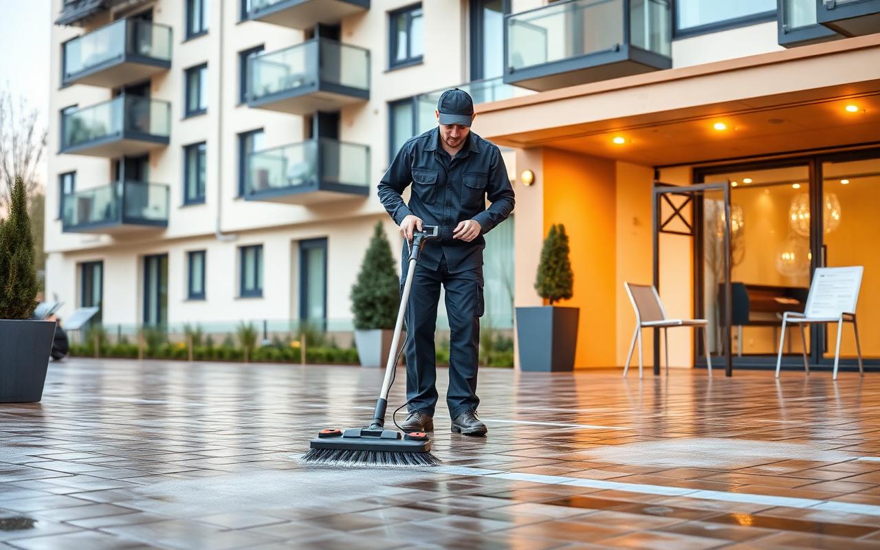 Mitarbeiter reinigt eine gepflasterte Fläche vor einem modernen Gebäude