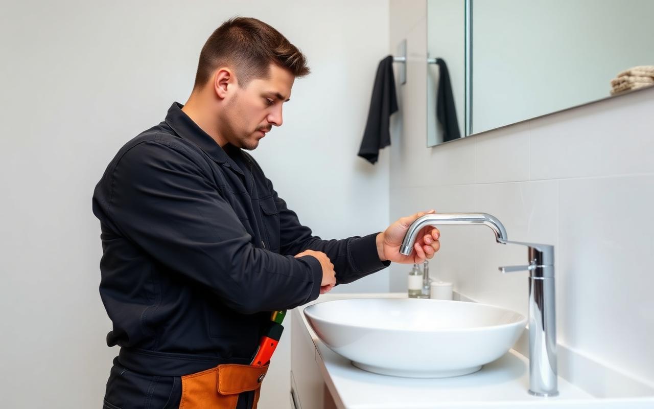 Mitarbeiter tauscht eine moderne Waschtischarmatur in einem hochwertigen Badezimmer aus