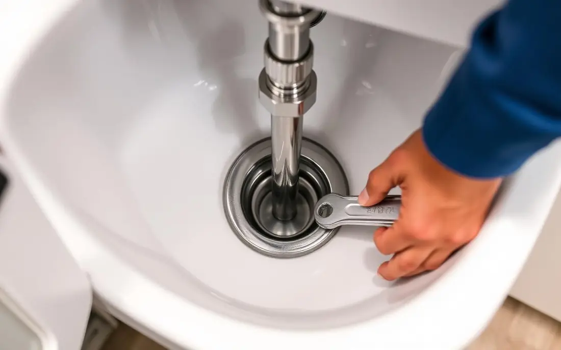 Detailaufnahme eines Siphons beim Austausch unter einem modernen Waschbecken
