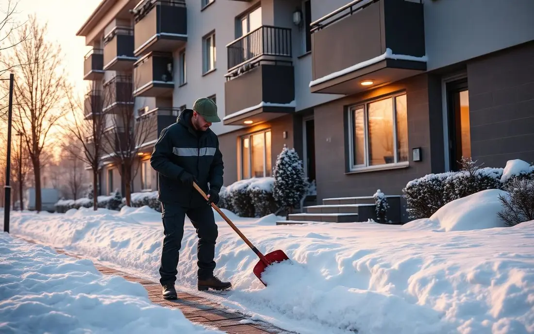 Mitarbeiter räumt den Gehweg vor einem modernen Mehrfamilienhaus von Schnee
